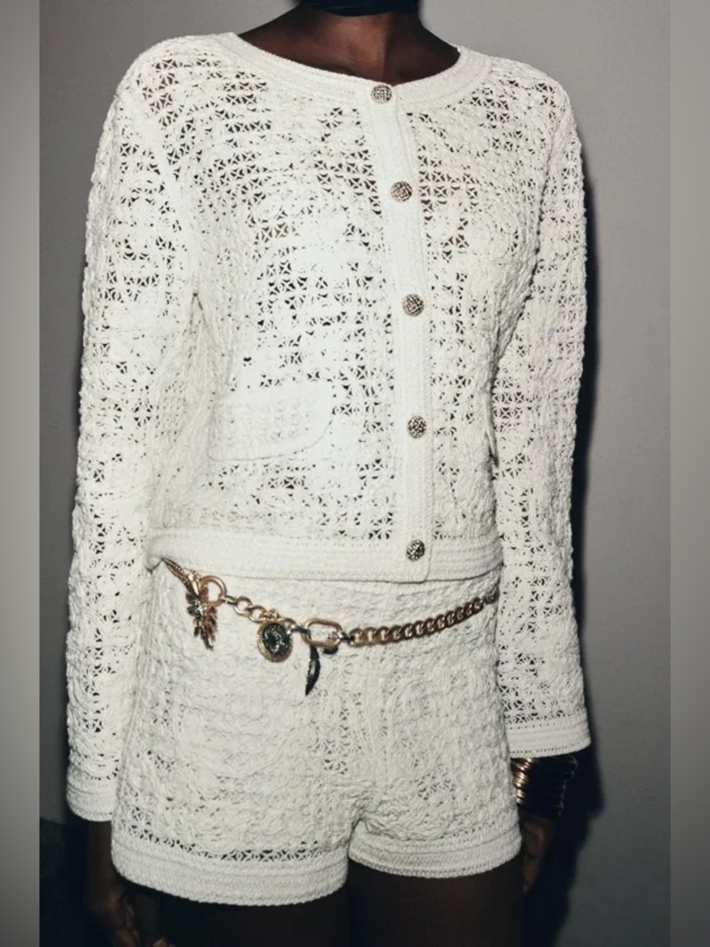 Zara Cotton Crochet Lace Cardigan Jacket Decorative Buttons Oyster White M NWT
